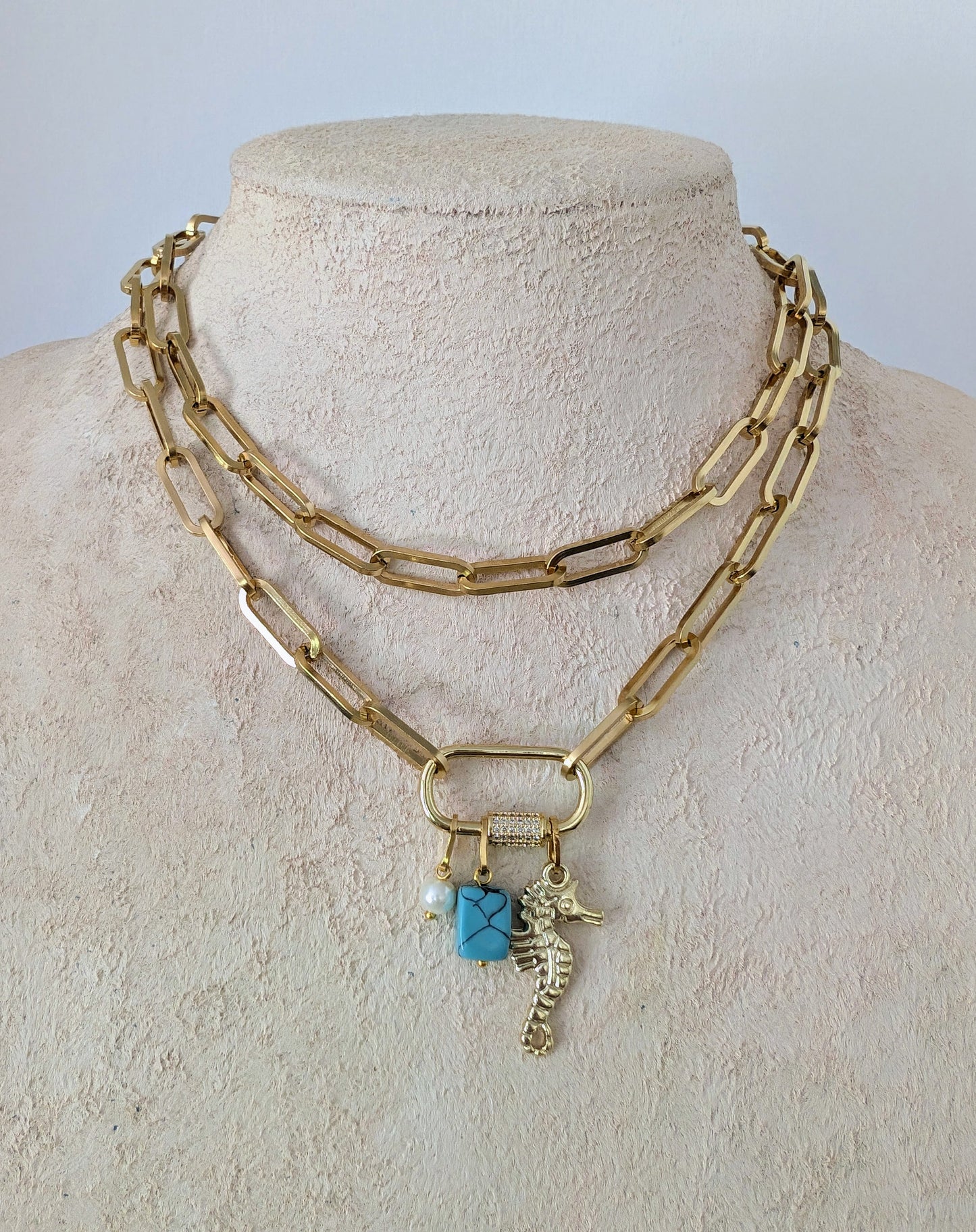 Gold paperclip chain coin charm necklace