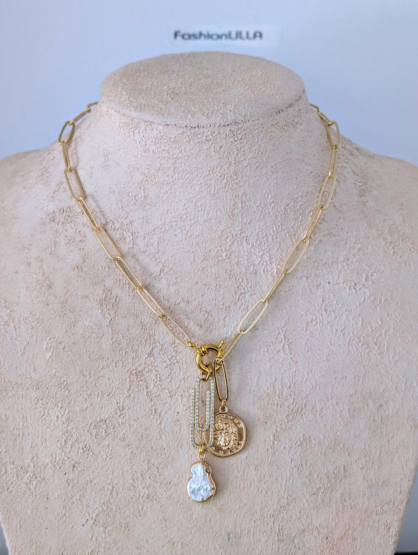 Gold paperclip chain coin charm necklace