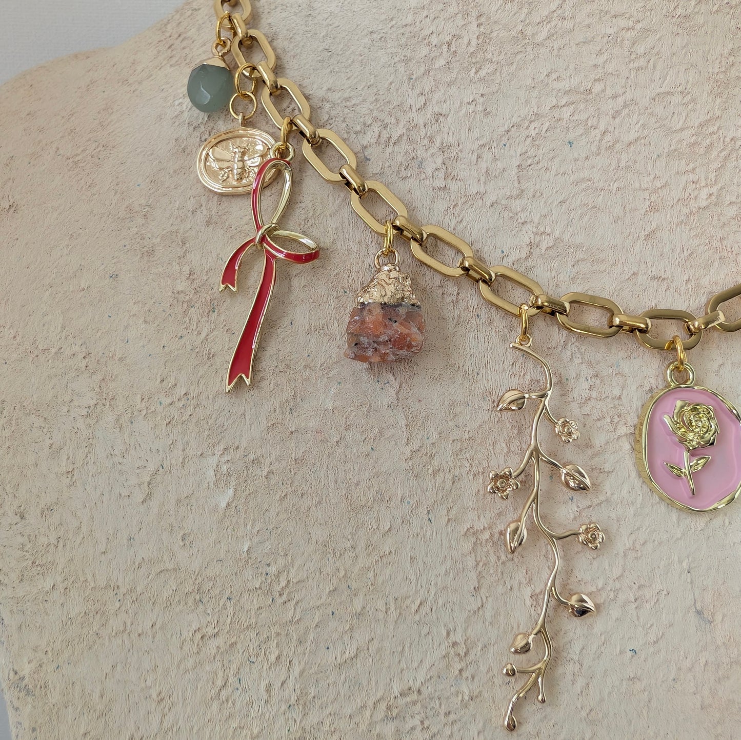 Pink Flower and Bow Charm Necklace