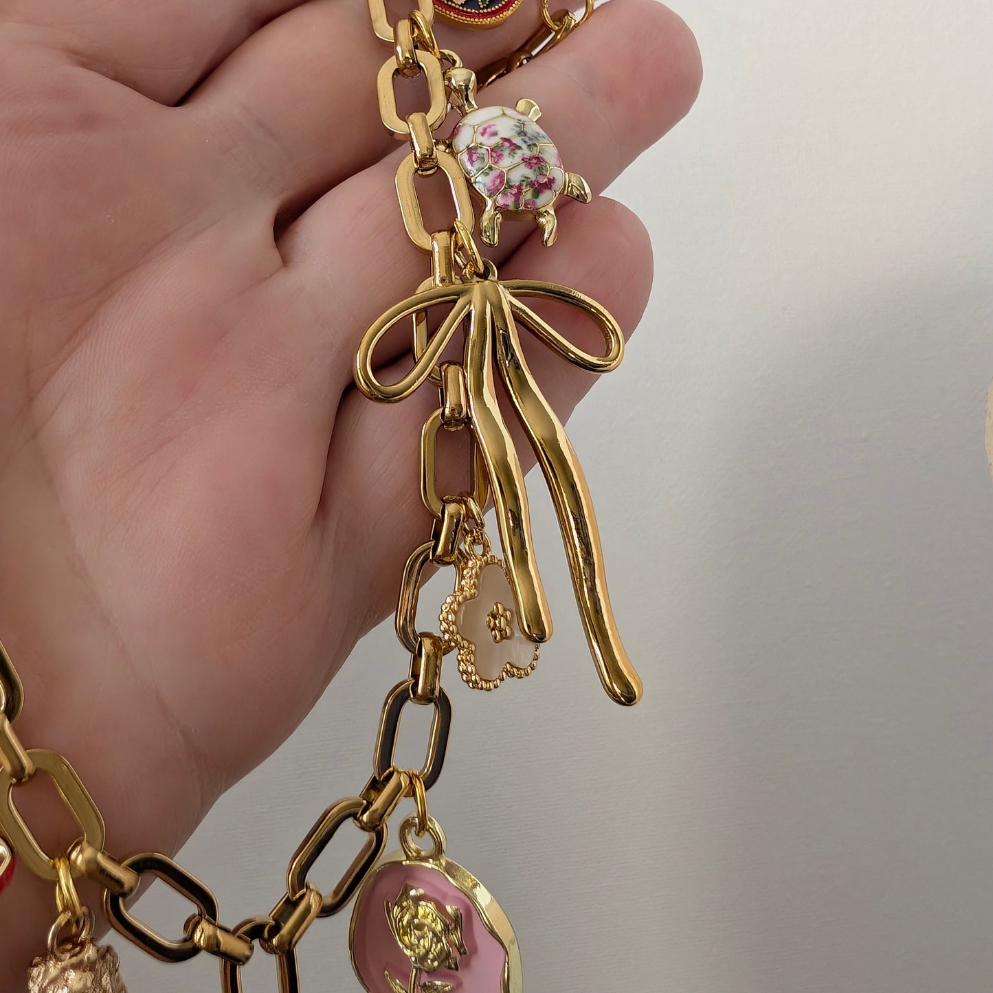 Pink Flower and Bow Charm Necklace