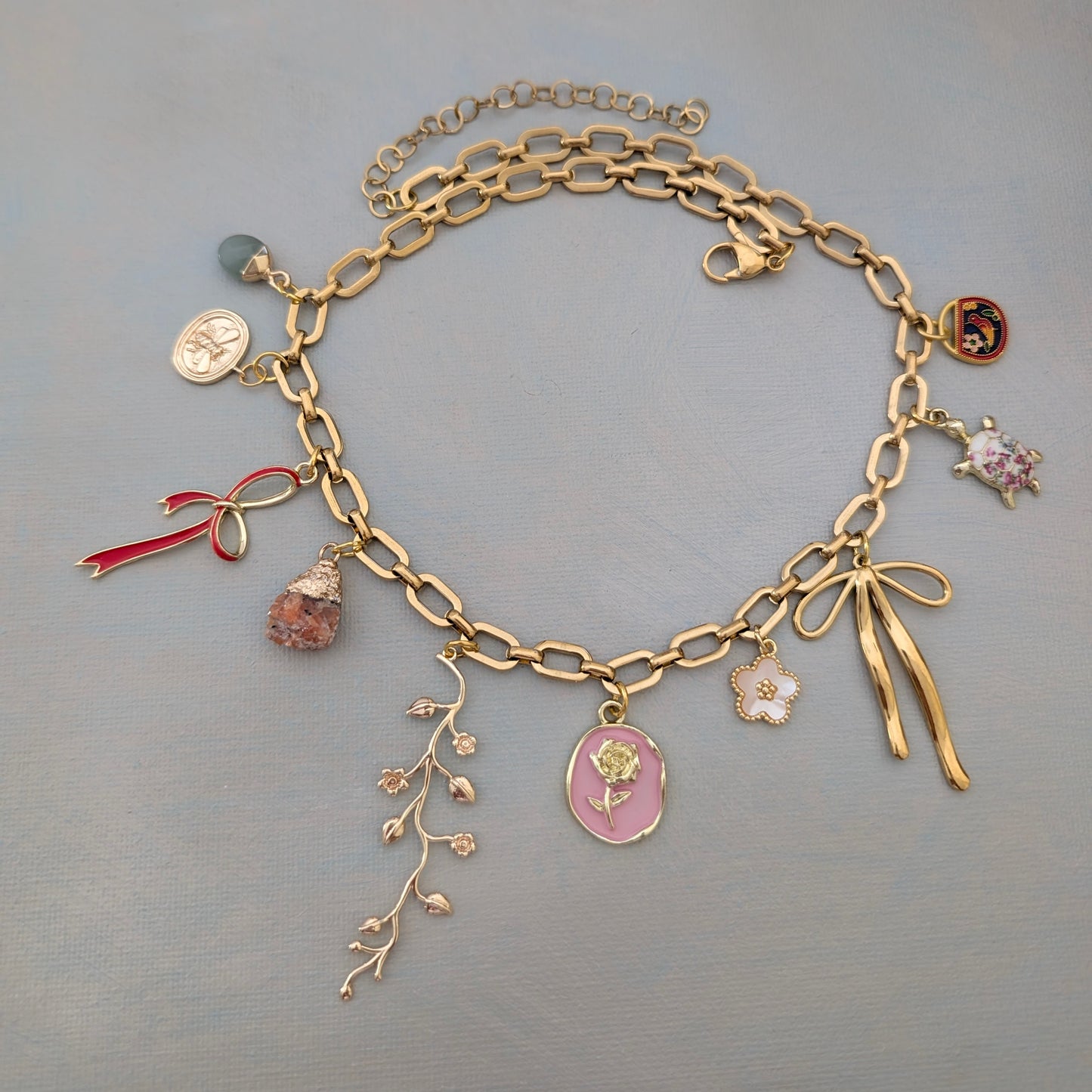 Pink Flower and Bow Charm Necklace