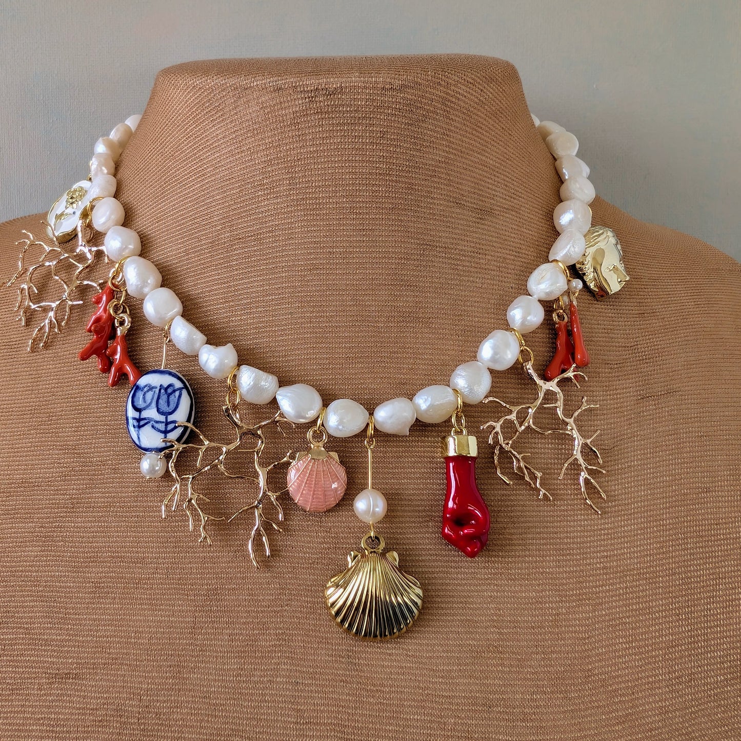 Gold and Pearl Multi Charm Necklace