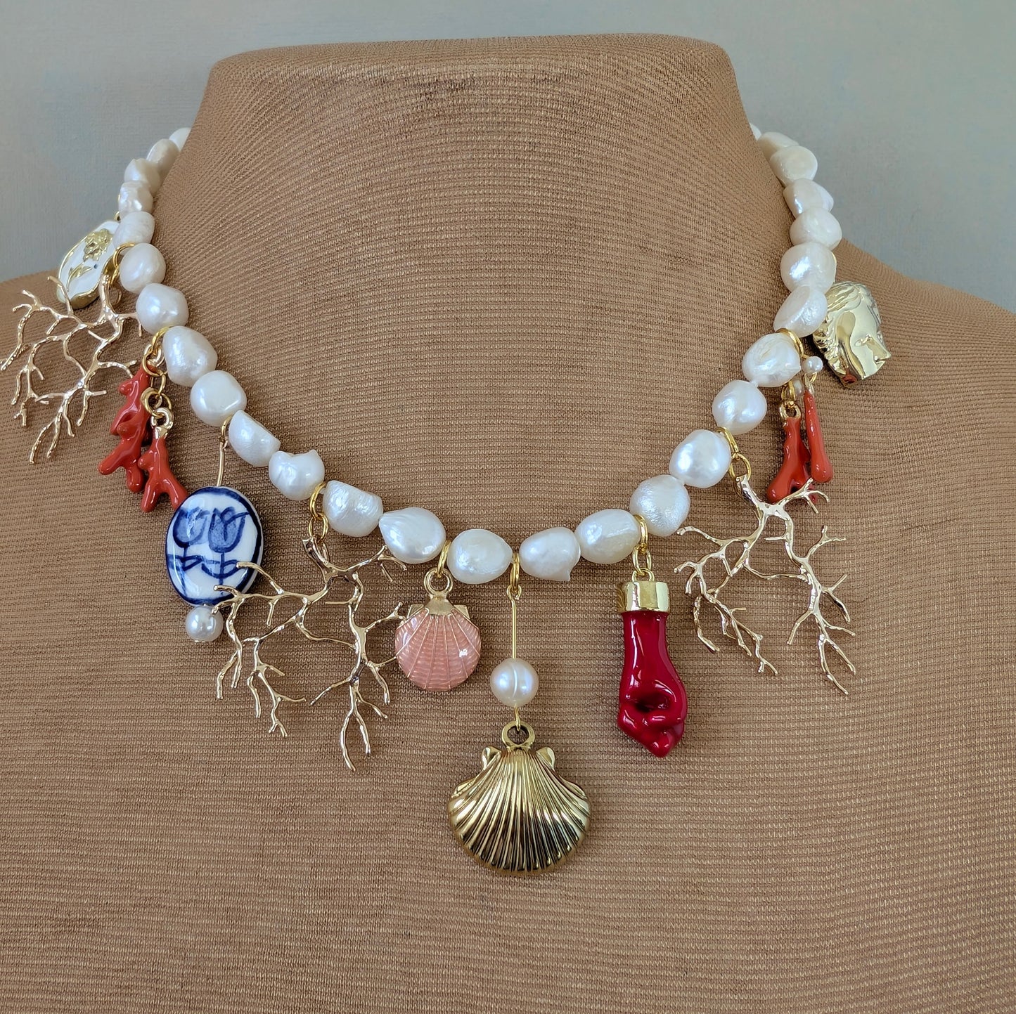 Pearl Multi Charm Boho Necklace