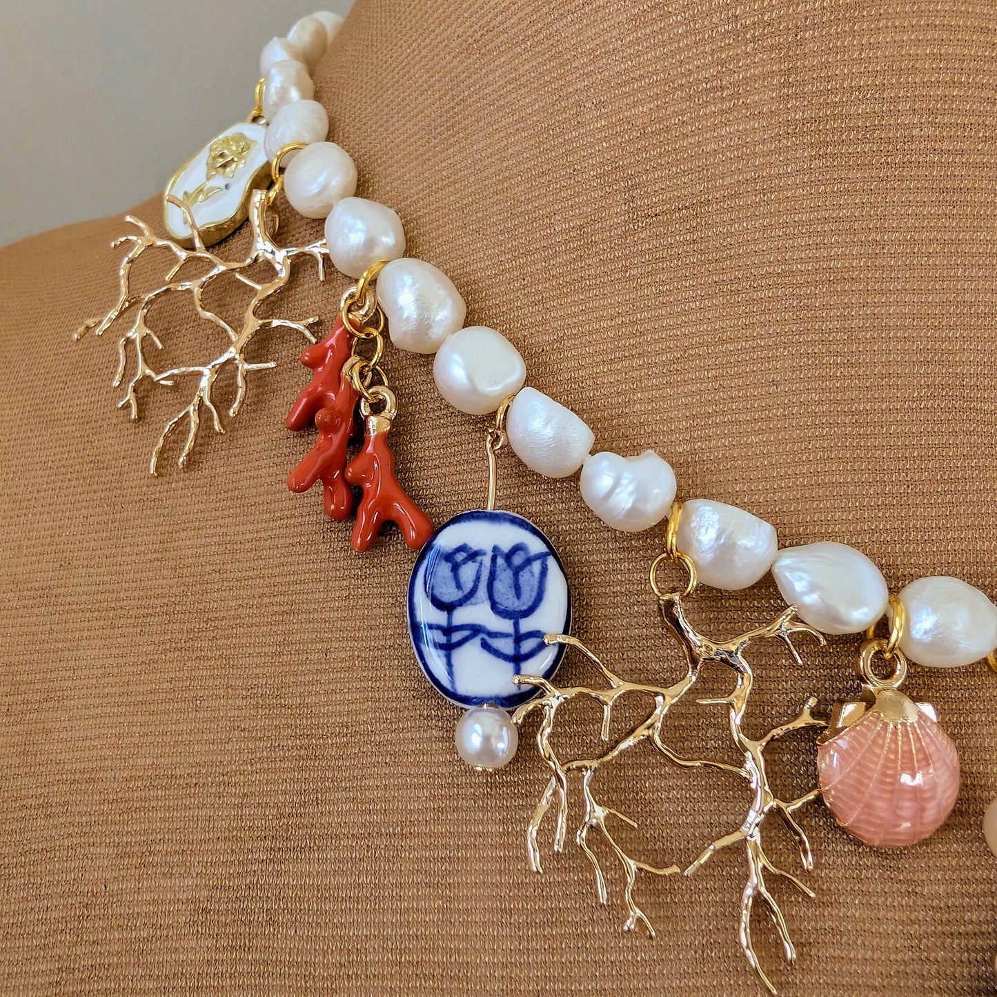 Gold and Pearl Multi Charm Necklace
