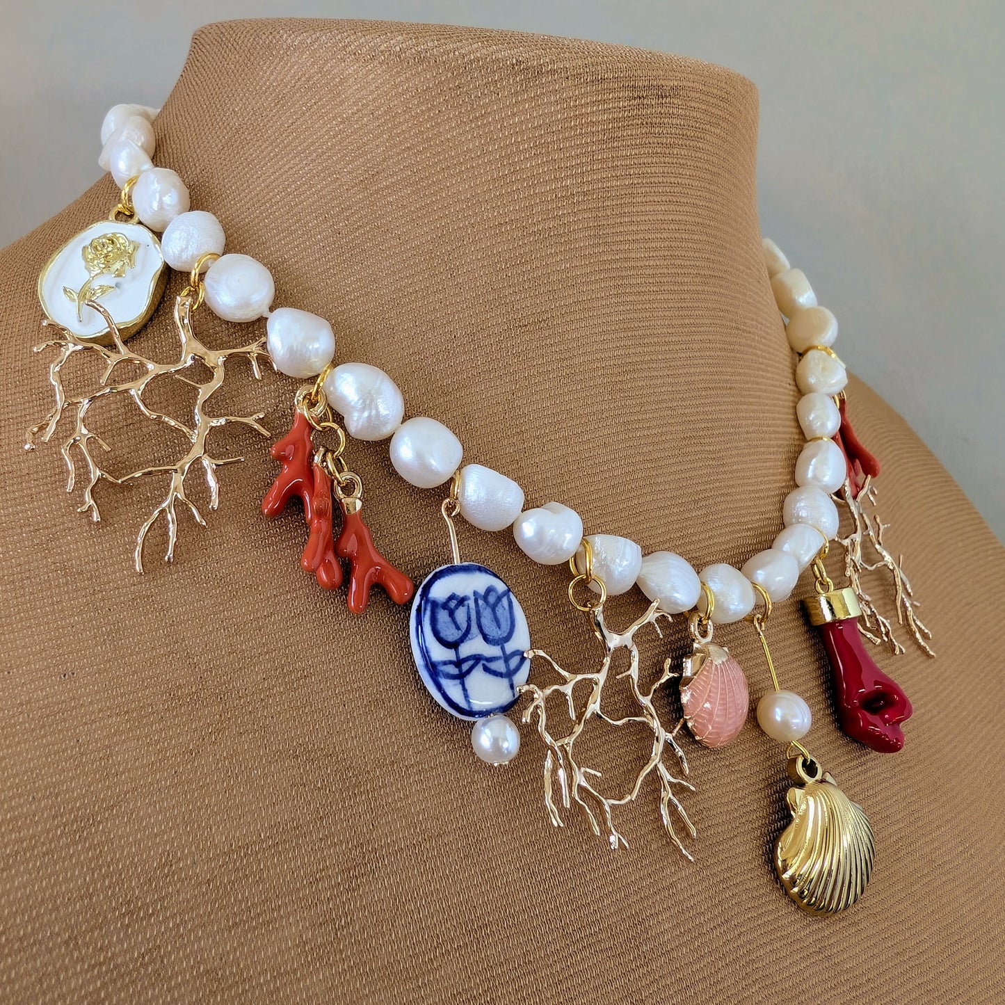 Gold and Pearl Multi Charm Necklace