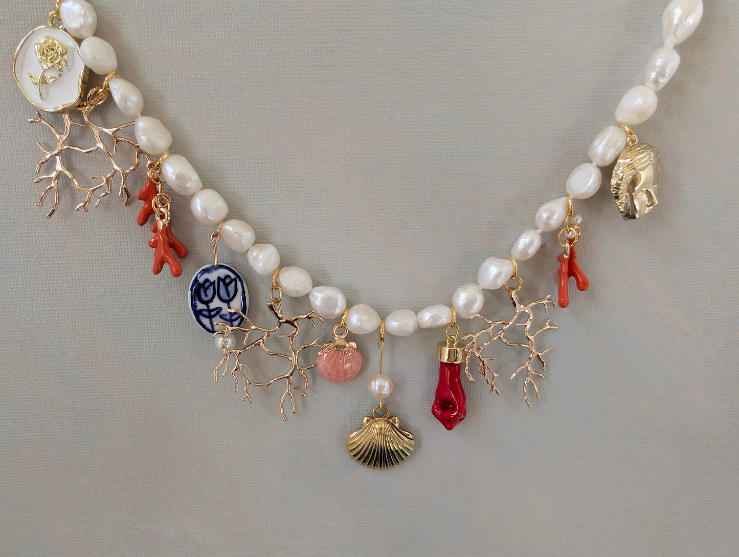 Gold and Pearl Multi Charm Necklace