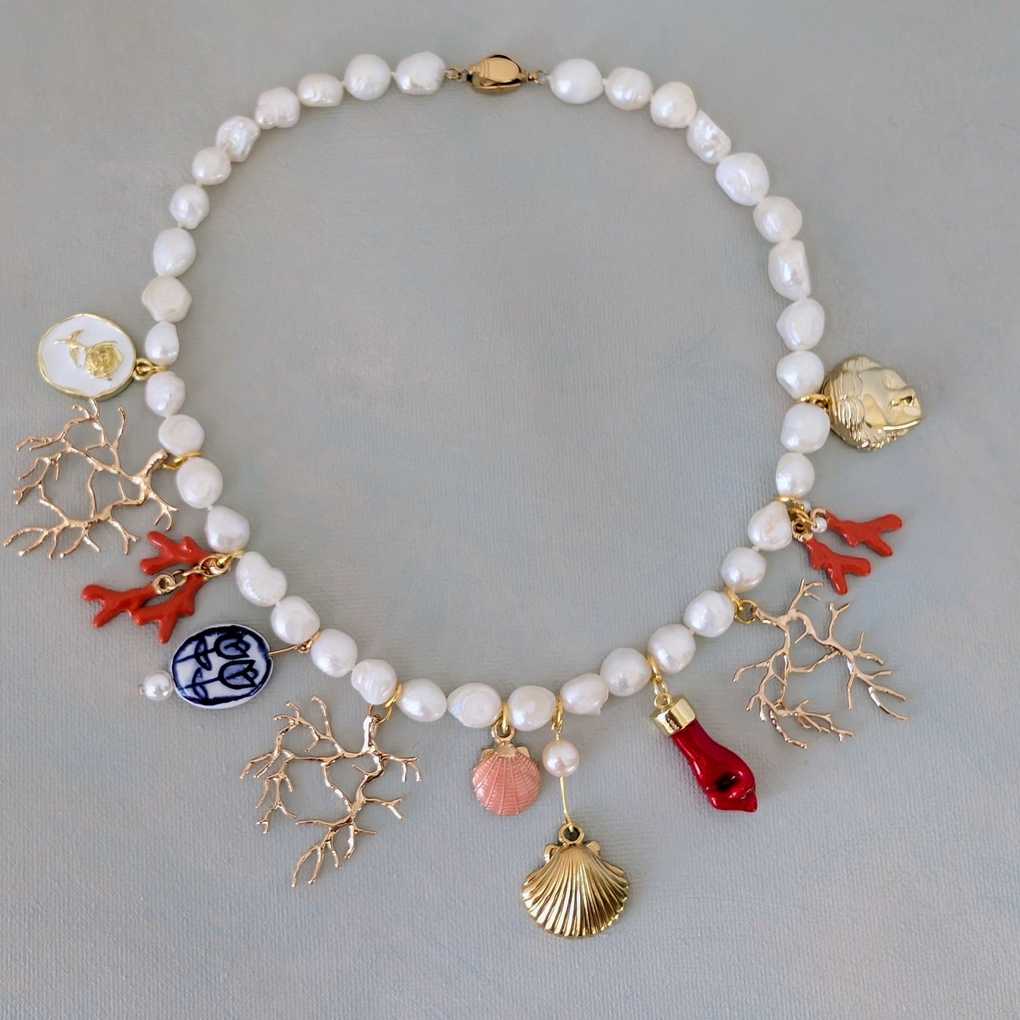 Gold and Pearl Multi Charm Necklace