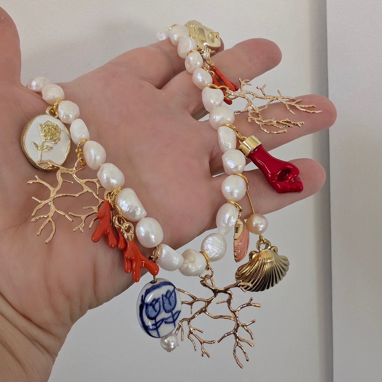 Pearl Multi Charm Boho Necklace