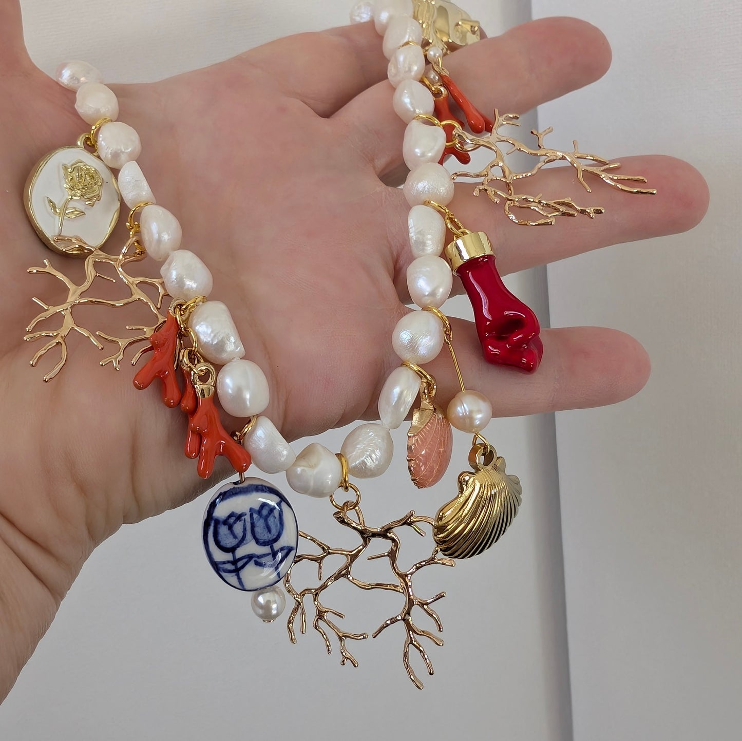 Gold and Pearl Multi Charm Necklace