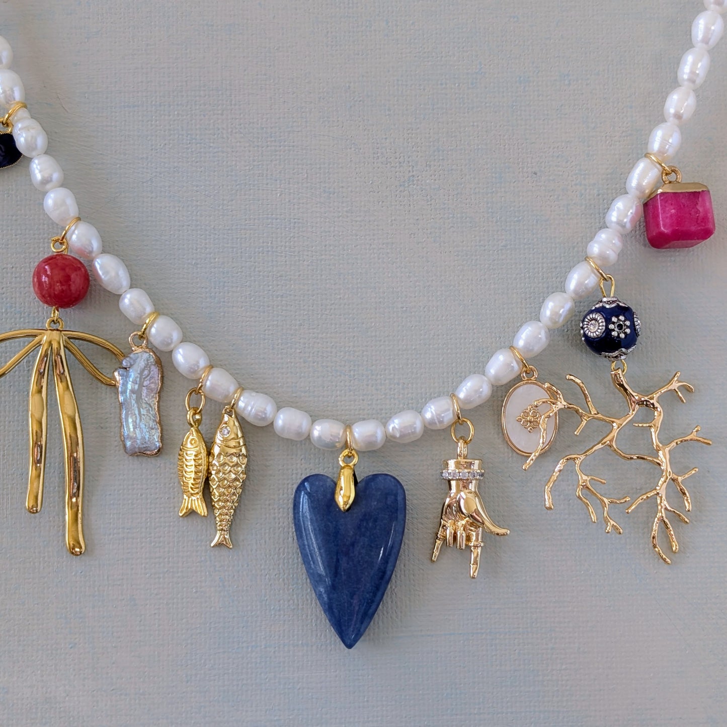 Gold and Pearl Multi Charm Necklace