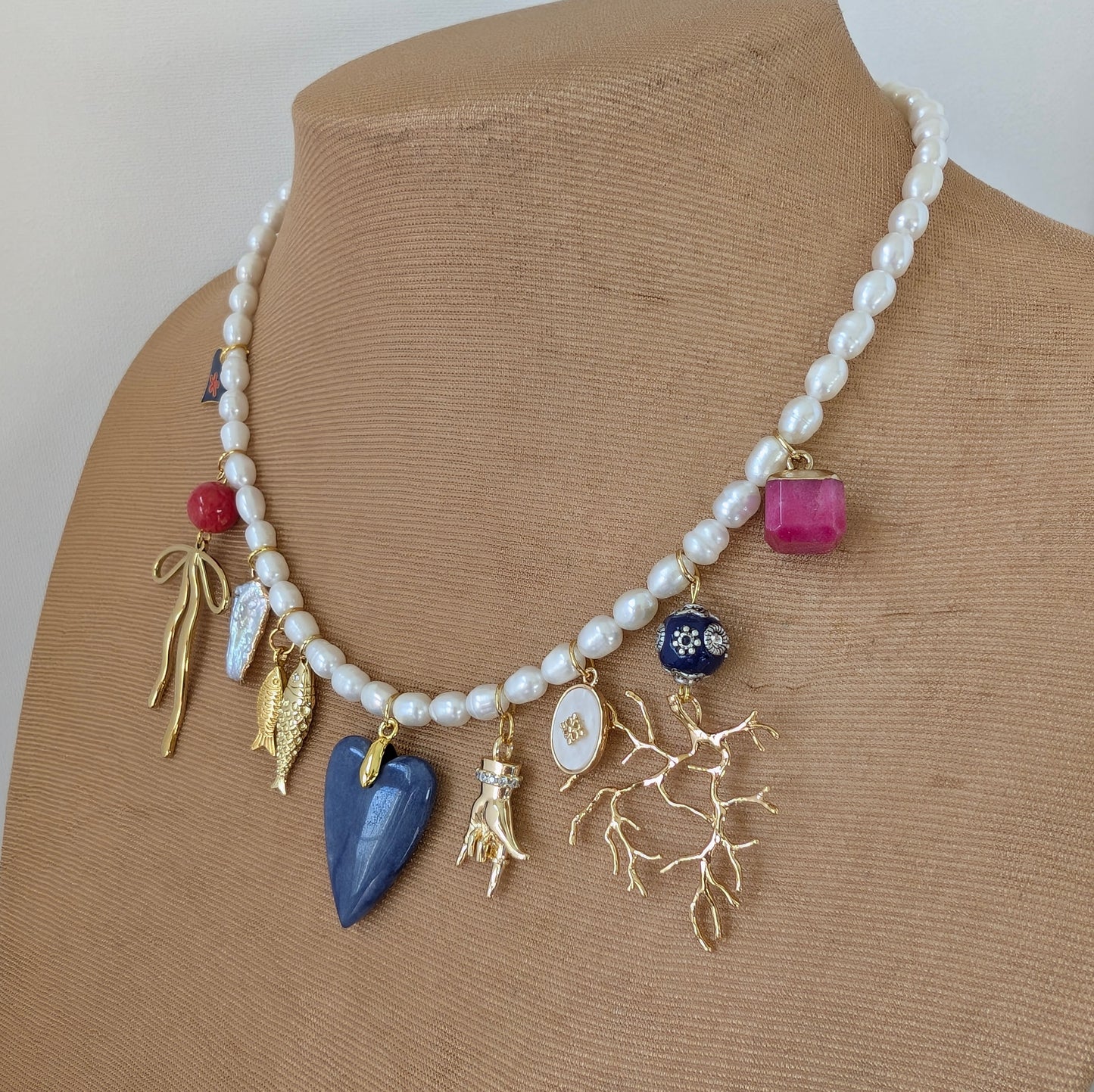 Gold and Pearl Multi Charm Necklace