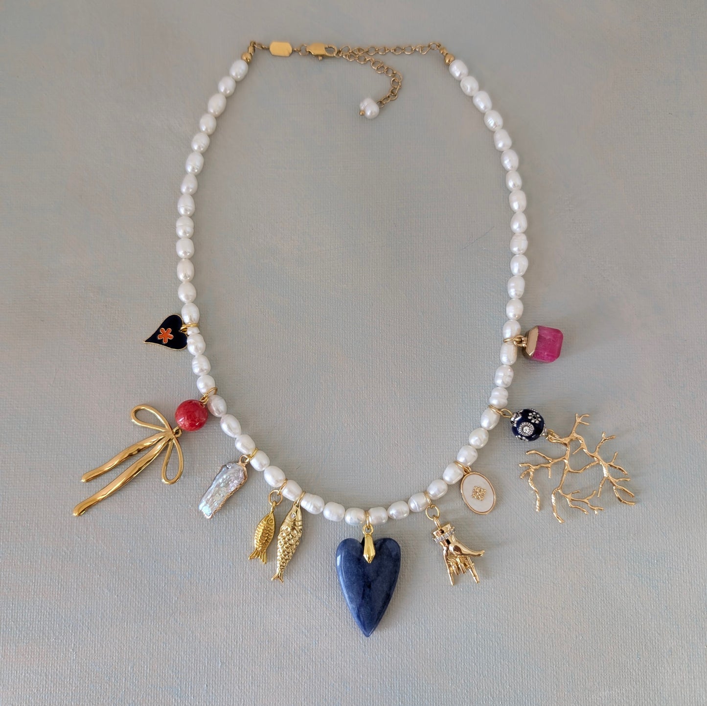 Gold and Pearl Multi Charm Necklace