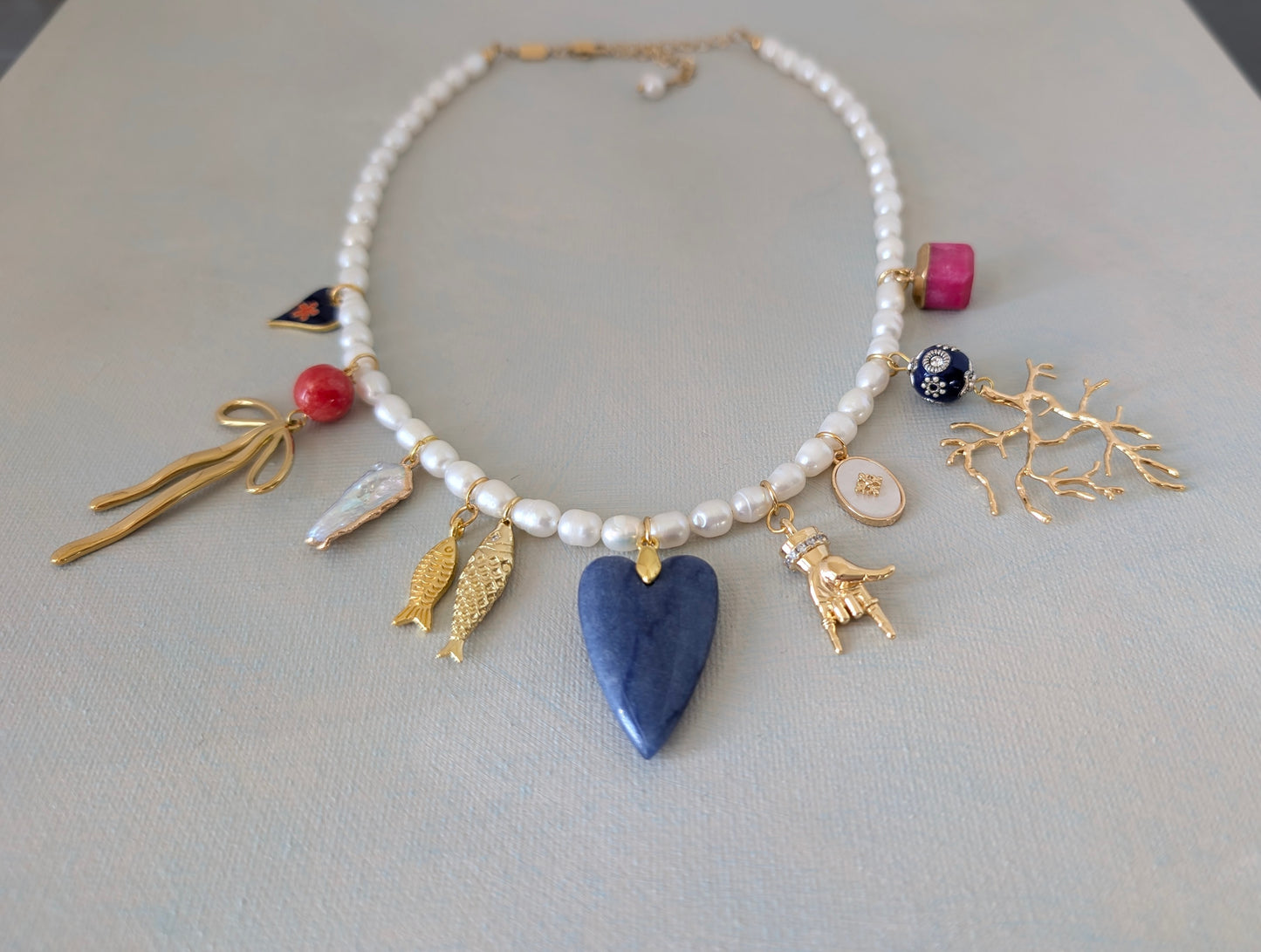 Gold and Pearl Multi Charm Necklace