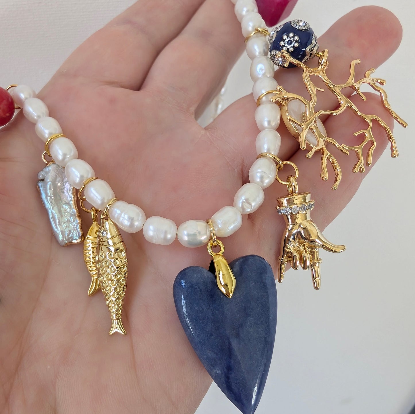 Gold and Pearl Multi Charm Necklace