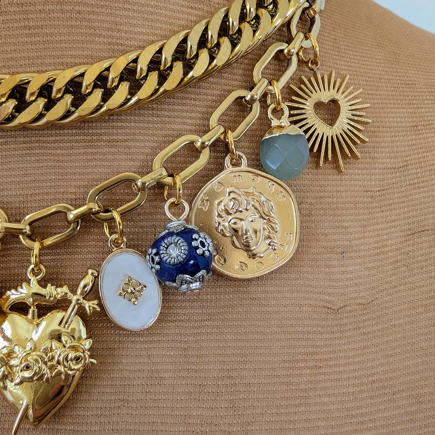 Gold Cuban Chain  Multi Charm Necklace
