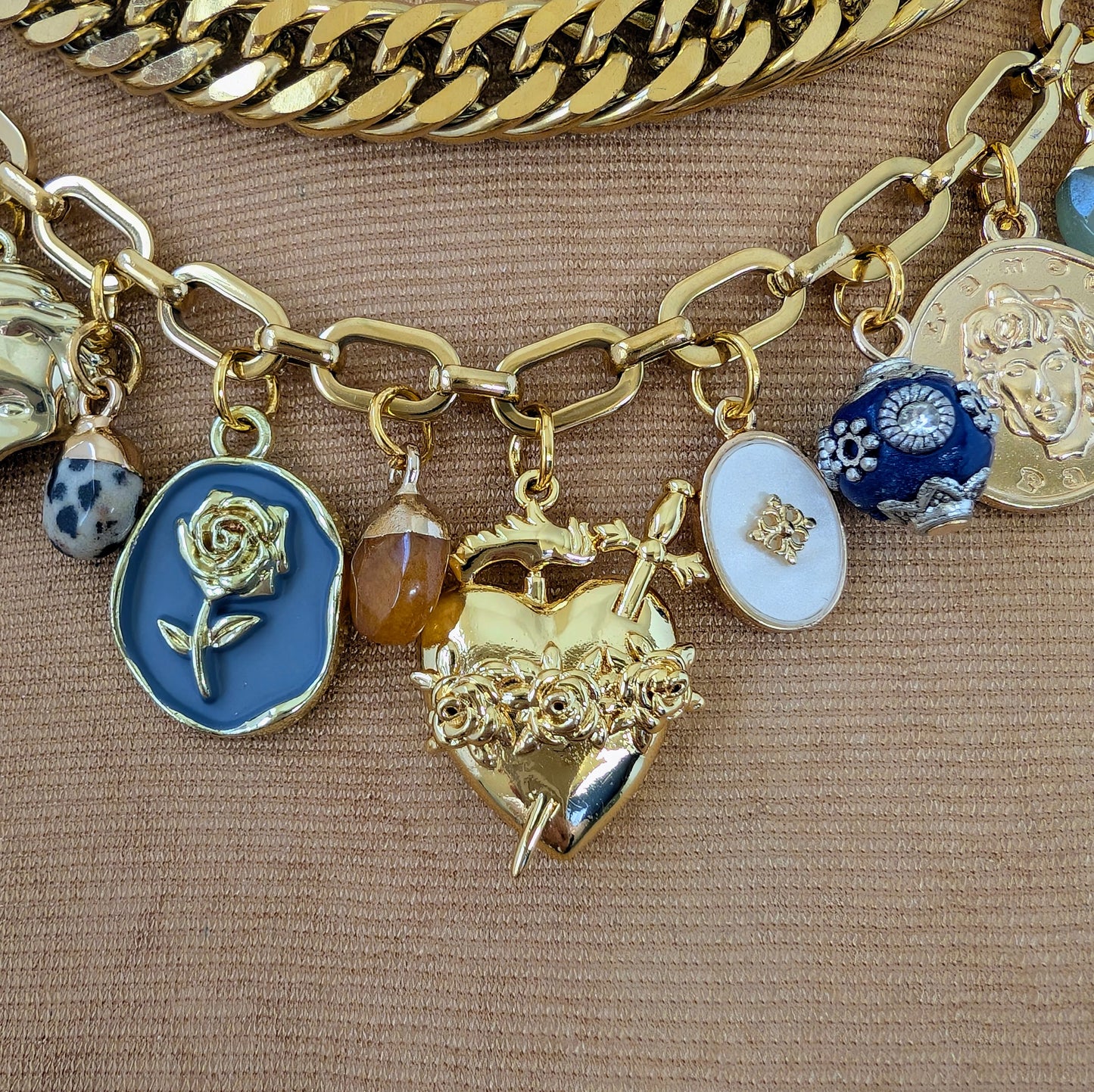 Gold Cuban Chain  Multi Charm Necklace