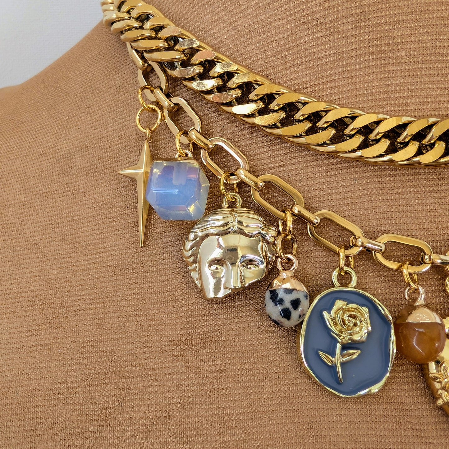 Gold Cuban Chain  Multi Charm Necklace