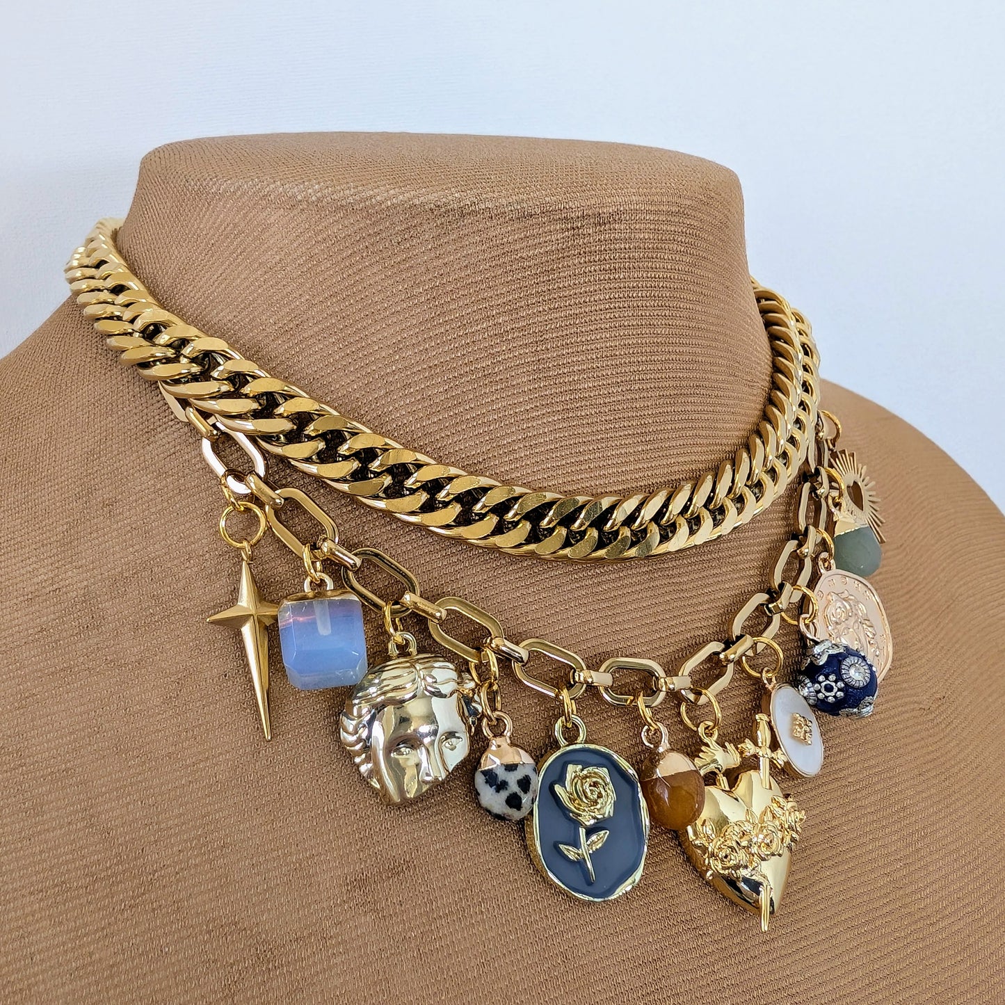 Gold Cuban Chain  Multi Charm Necklace