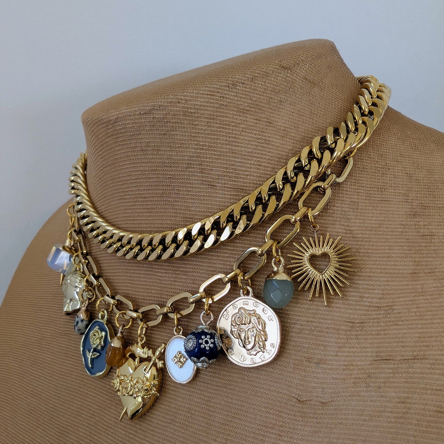 Gold Cuban Chain  Multi Charm Necklace