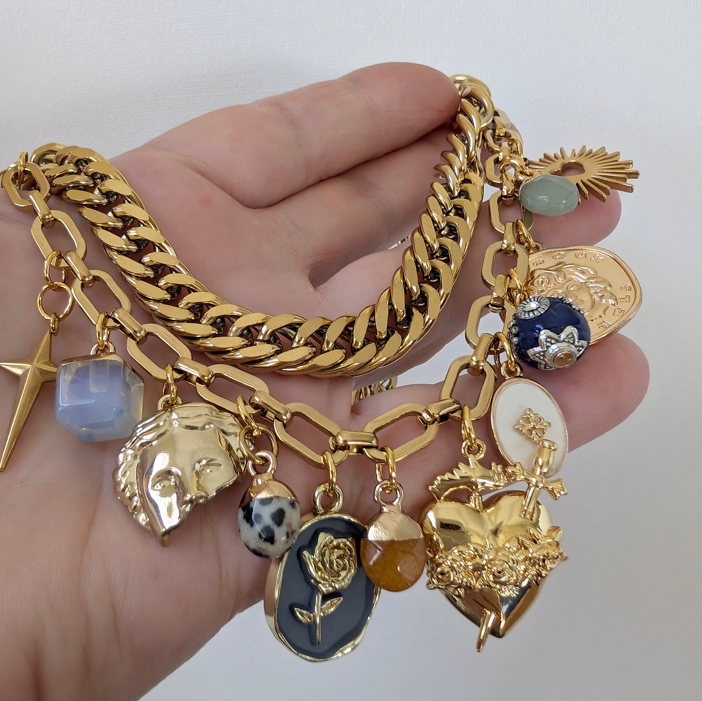 Gold Cuban Chain  Multi Charm Necklace