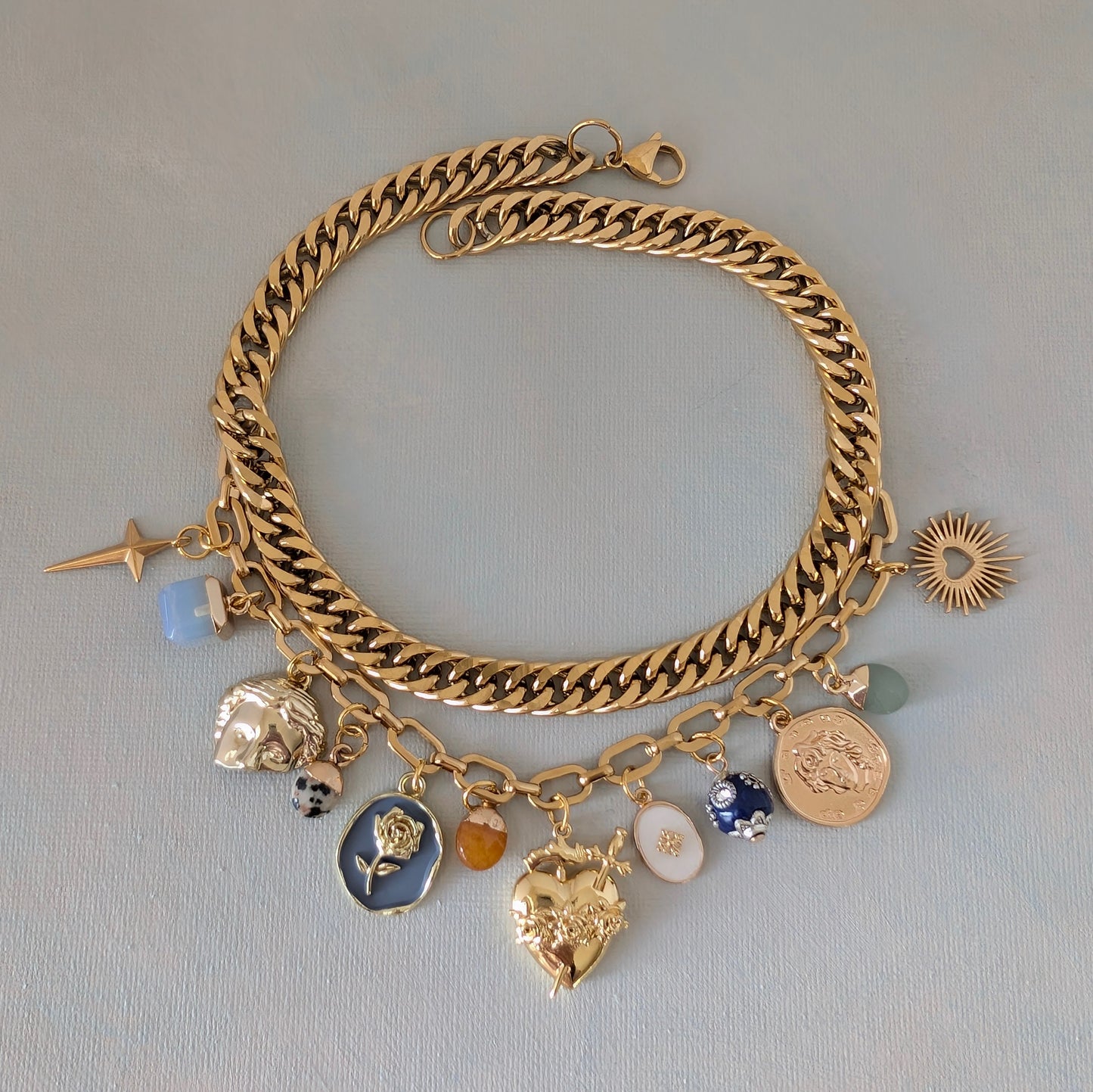Gold Cuban Chain  Multi Charm Necklace