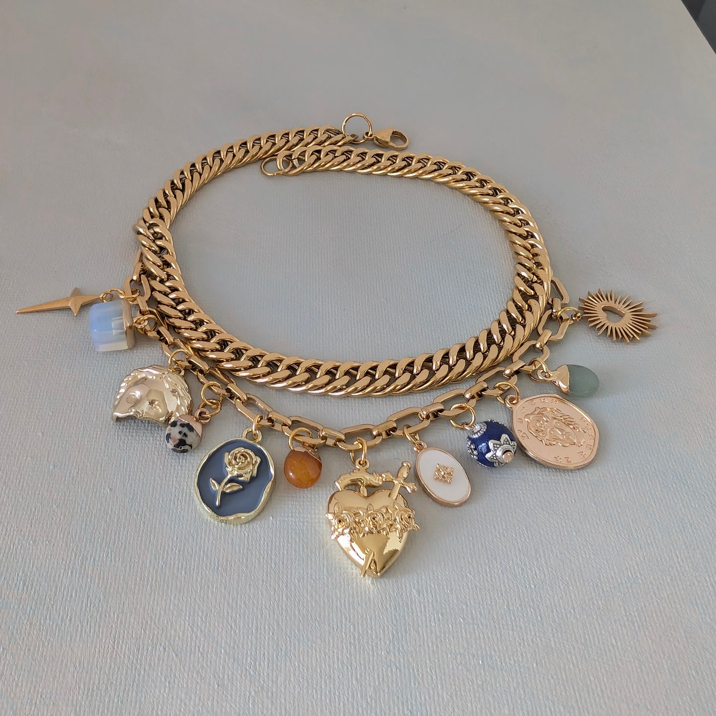 Gold Cuban Chain  Multi Charm Necklace