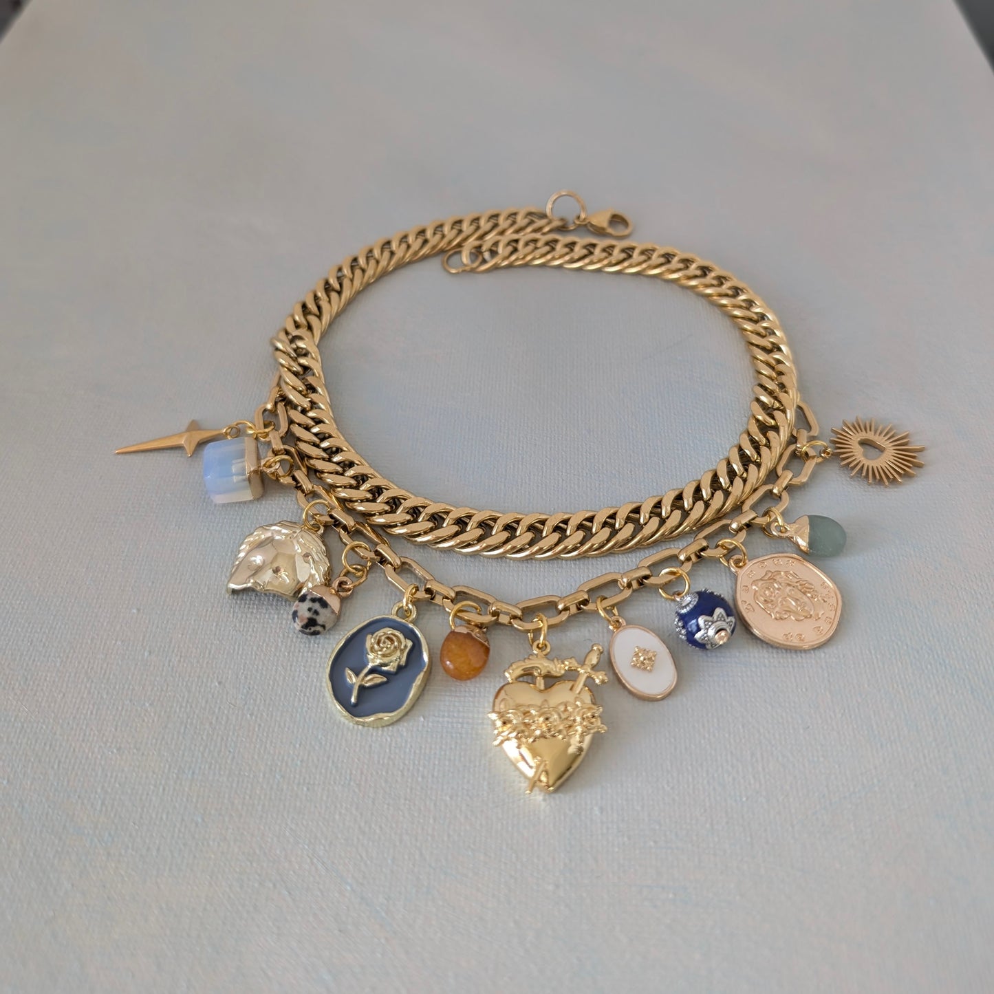 Gold Cuban Chain  Multi Charm Necklace