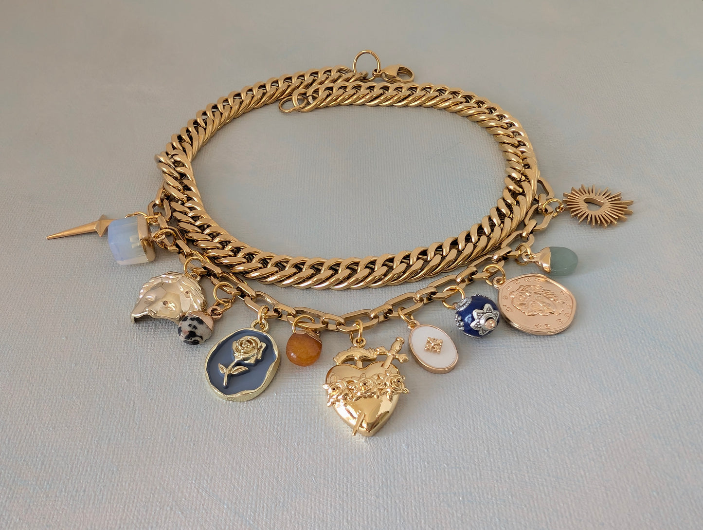 Gold Cuban Chain  Multi Charm Necklace