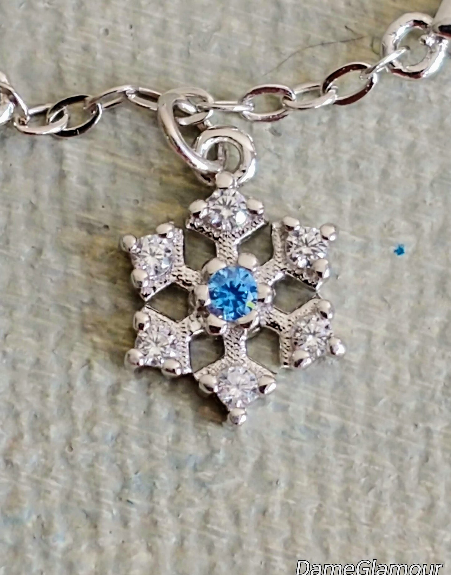 Minimalist sterling silver snowflake charm bracelet, adjustable ring and earring set, snowflake earring, blue christmas jewelry gift idea