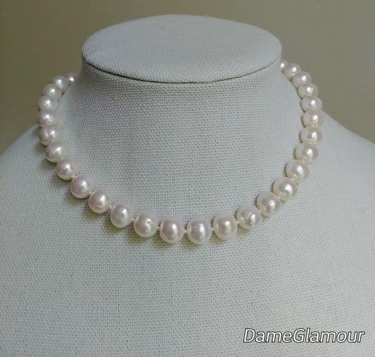 Genuine freshwater pearl choker necklace, hand knotted pearls, pearls for bride, 10mm natural white round pearl, mother of bride jewelry