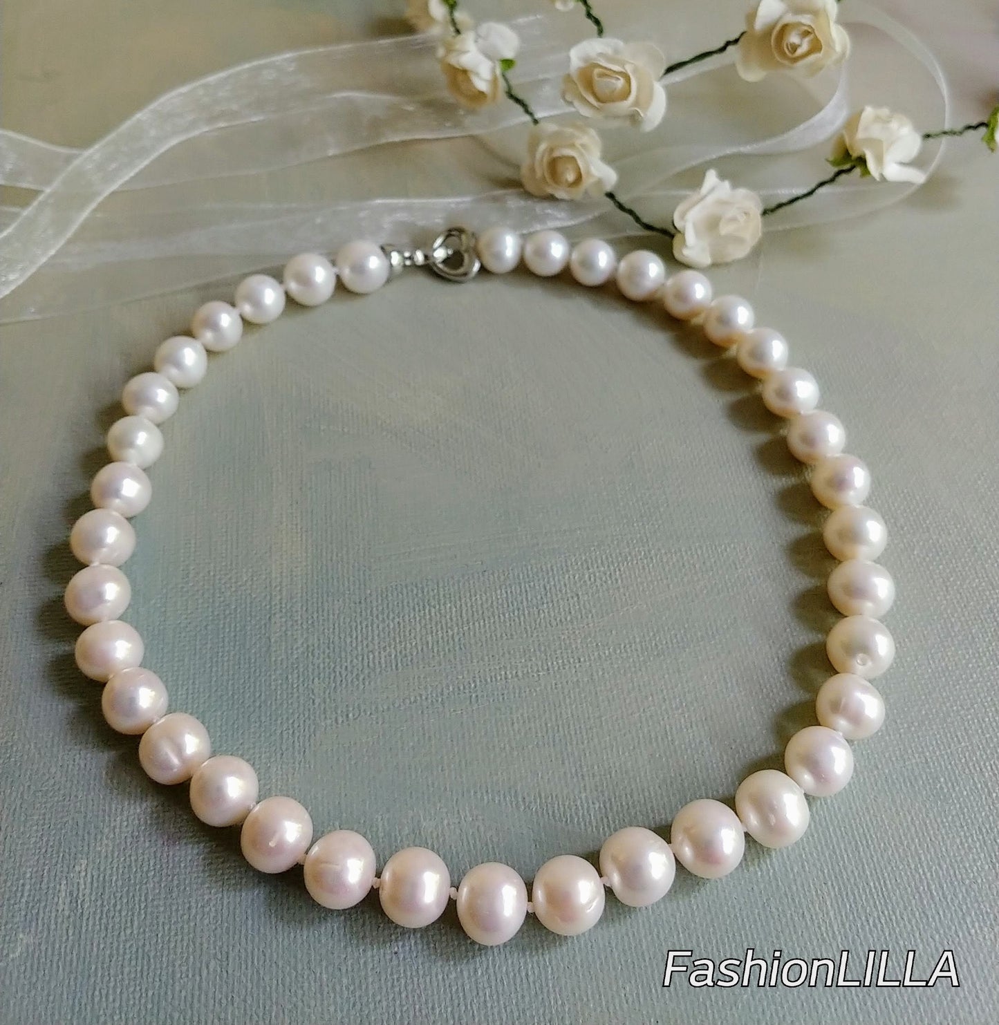 Genuine freshwater pearl choker necklace, hand knotted pearls, pearls for bride, 10mm natural white round pearl, mother of bride jewelry