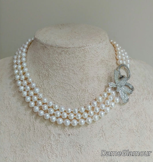 Genuine pearl necklace for women,3 strand freshwater pearl necklace,multistrand pearl with pave clasp,brooch necklace,bridal pearl necklace