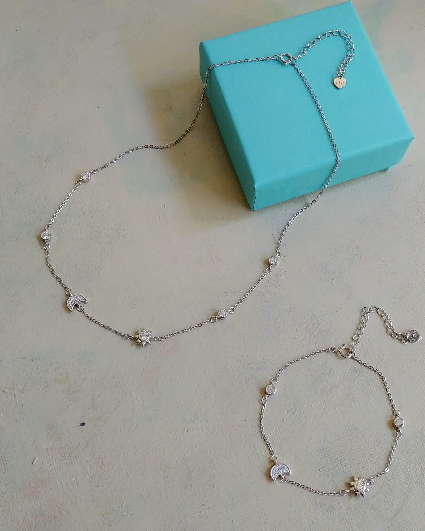 Minimalist sun and stars necklace, 925 sterling silver necklace and bracelet set, celestial necklace for women, sun and moon christmas gift