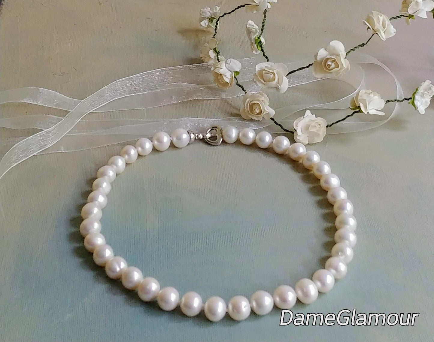 Genuine freshwater pearl choker necklace, hand knotted pearls, pearls for bride, 10mm natural white round pearl, mother of bride jewelry