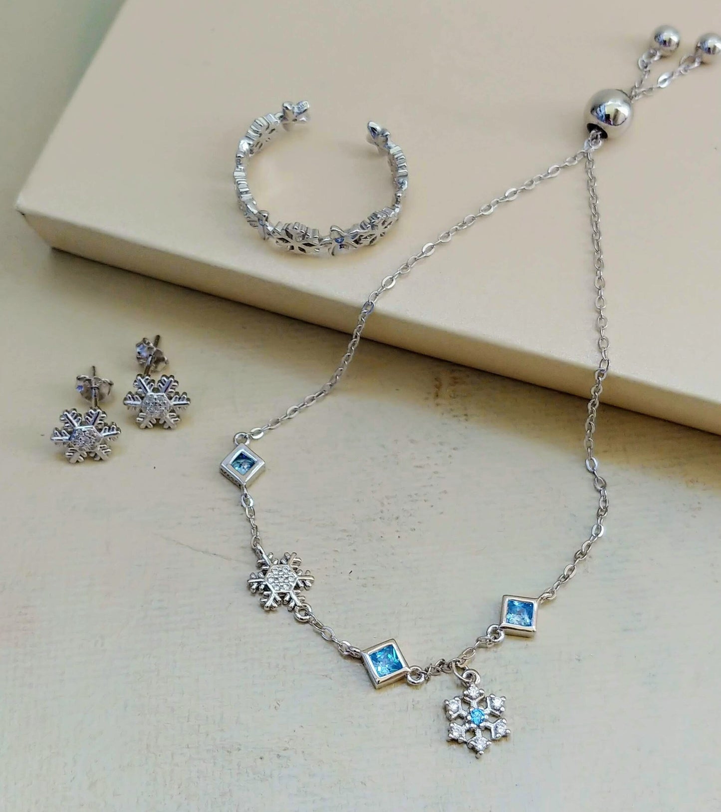 925 sterling silver bracelet,dainty bracelet earring set,s925 adjustable ring,snowflake earring,christmas gift idea,gift for her birthday