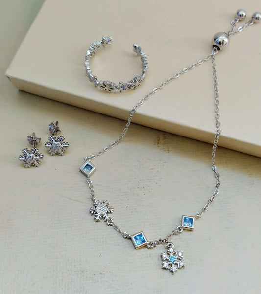 Minimalist sterling silver snowflake charm bracelet, adjustable ring and earring set, snowflake earring, blue christmas jewelry gift idea