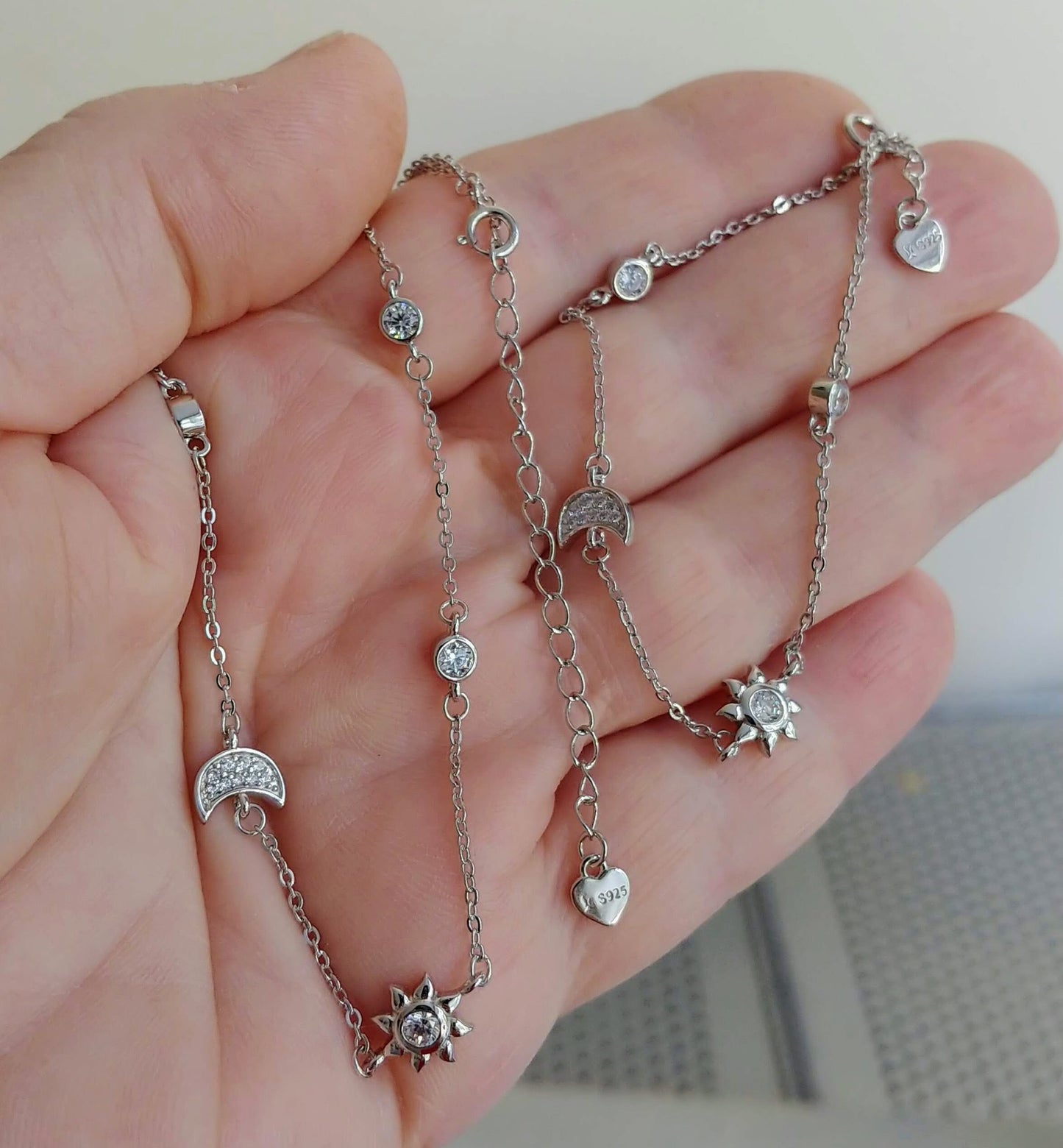 Minimalist sun and stars necklace, 925 sterling silver necklace and bracelet set, celestial necklace for women, sun and moon christmas gift