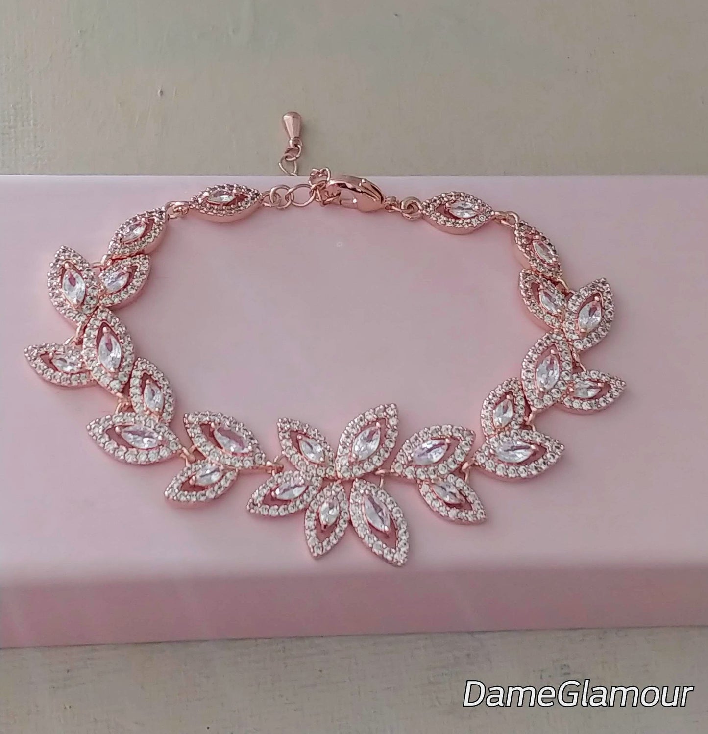rose gold wedding jewelry,bridal jewelry set for bride,cz bracelet, zircon earring dangle,prom jewelry,bridal party gift idea,leaf earring