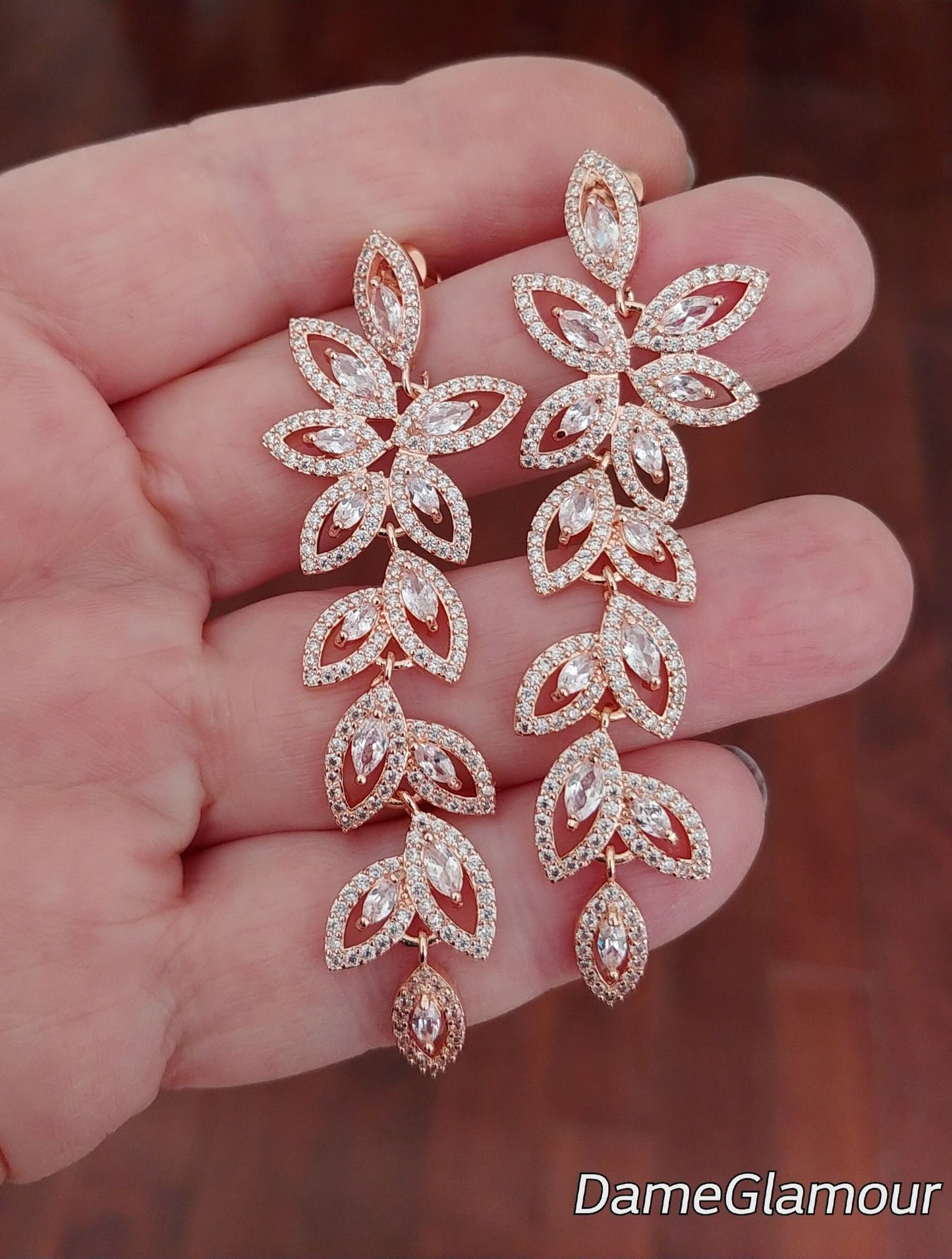 rose gold wedding jewelry,bridal jewelry set for bride,cz bracelet, zircon earring dangle,prom jewelry,bridal party gift idea,leaf earring