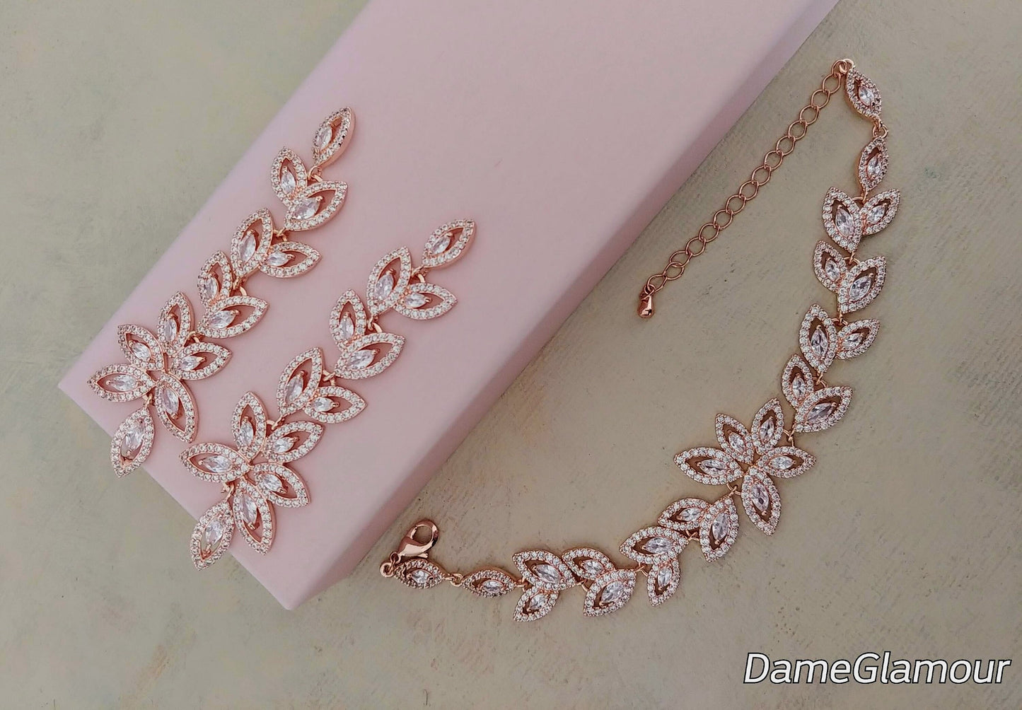 rose gold wedding jewelry,bridal jewelry set for bride,cz bracelet, zircon earring dangle,prom jewelry,bridal party gift idea,leaf earring