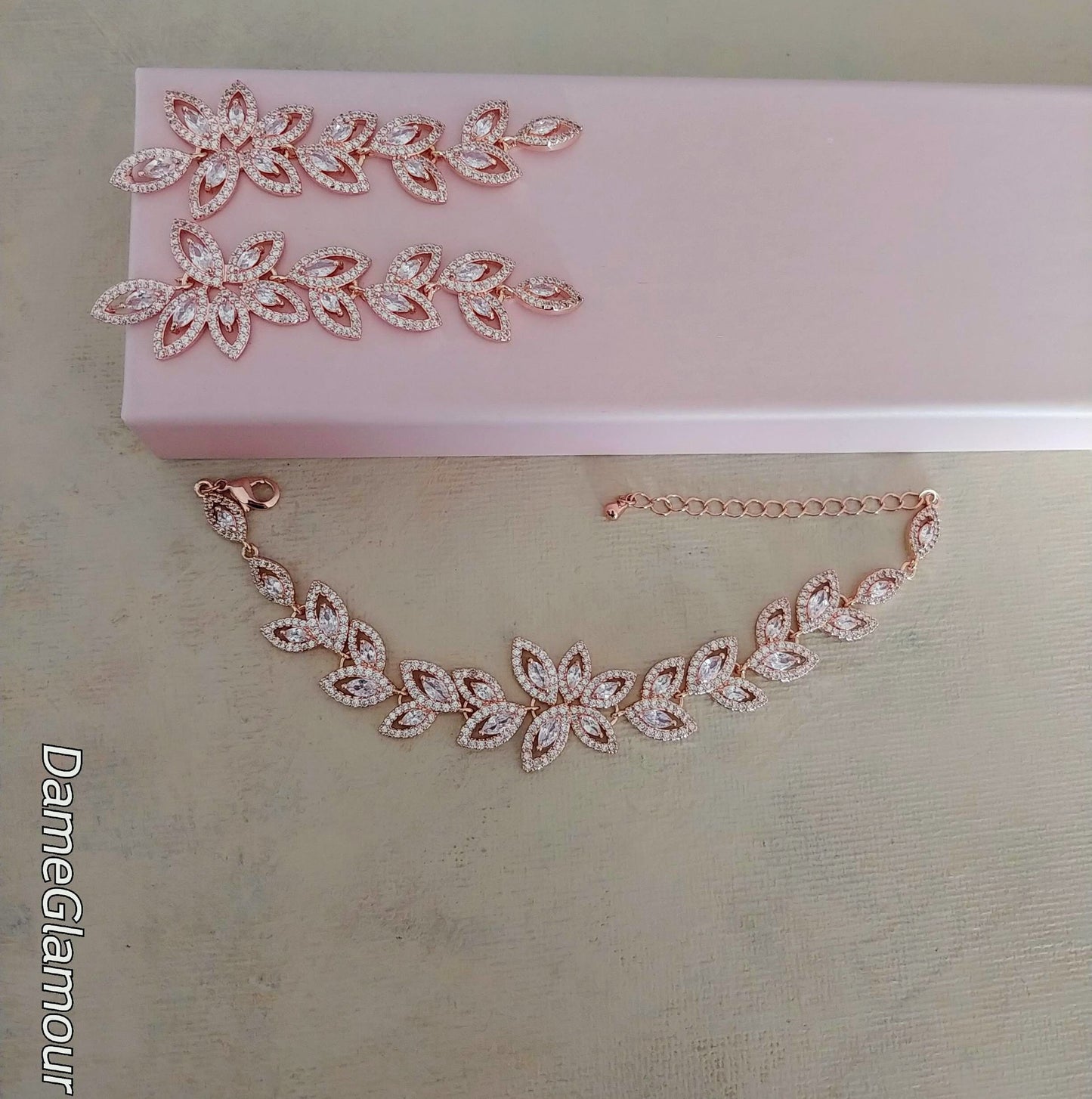 rose gold wedding jewelry,bridal jewelry set for bride,cz bracelet, zircon earring dangle,prom jewelry,bridal party gift idea,leaf earring