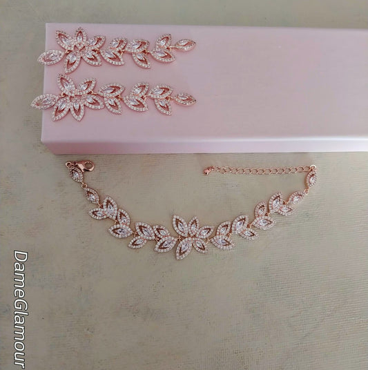 rose gold wedding jewelry,bridal jewelry set for bride,cz bracelet, zircon earring dangle,prom jewelry,bridal party gift idea,leaf earring