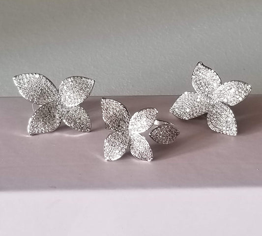 Floral leaf earrings for bride, pave diamond stud earring set, leaf design ring, elegant diamond earring silver, unique summer earrings