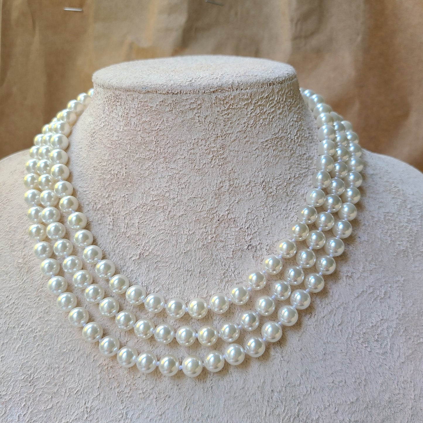 Three layer shell pearl necklace,  bridal ivory white pearl necklace,romantic wedding, mother of bride jewelry, 8mm round pearl, The crown