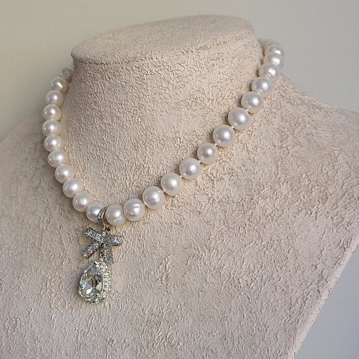 Genuine freshwater pearl necklace, hand knotted, crystal pendant necklace, 10mm natural pearl, wedding jewelry, mother of bride jewelry