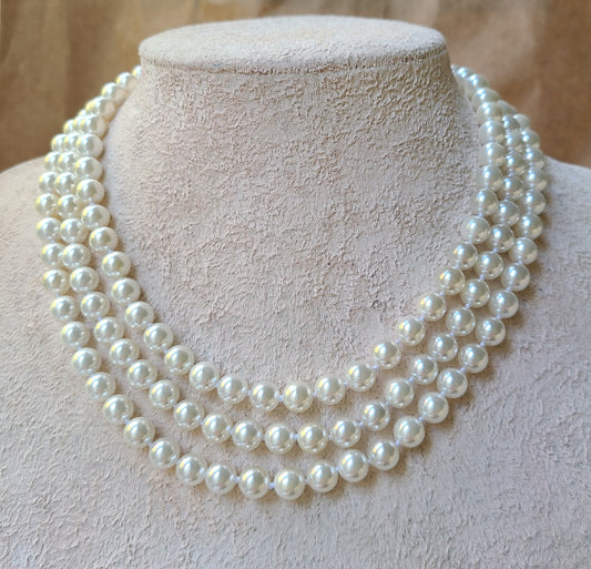 Three layer shell pearl necklace,  bridal ivory white pearl necklace,romantic wedding, mother of bride jewelry, 8mm round pearl, The crown