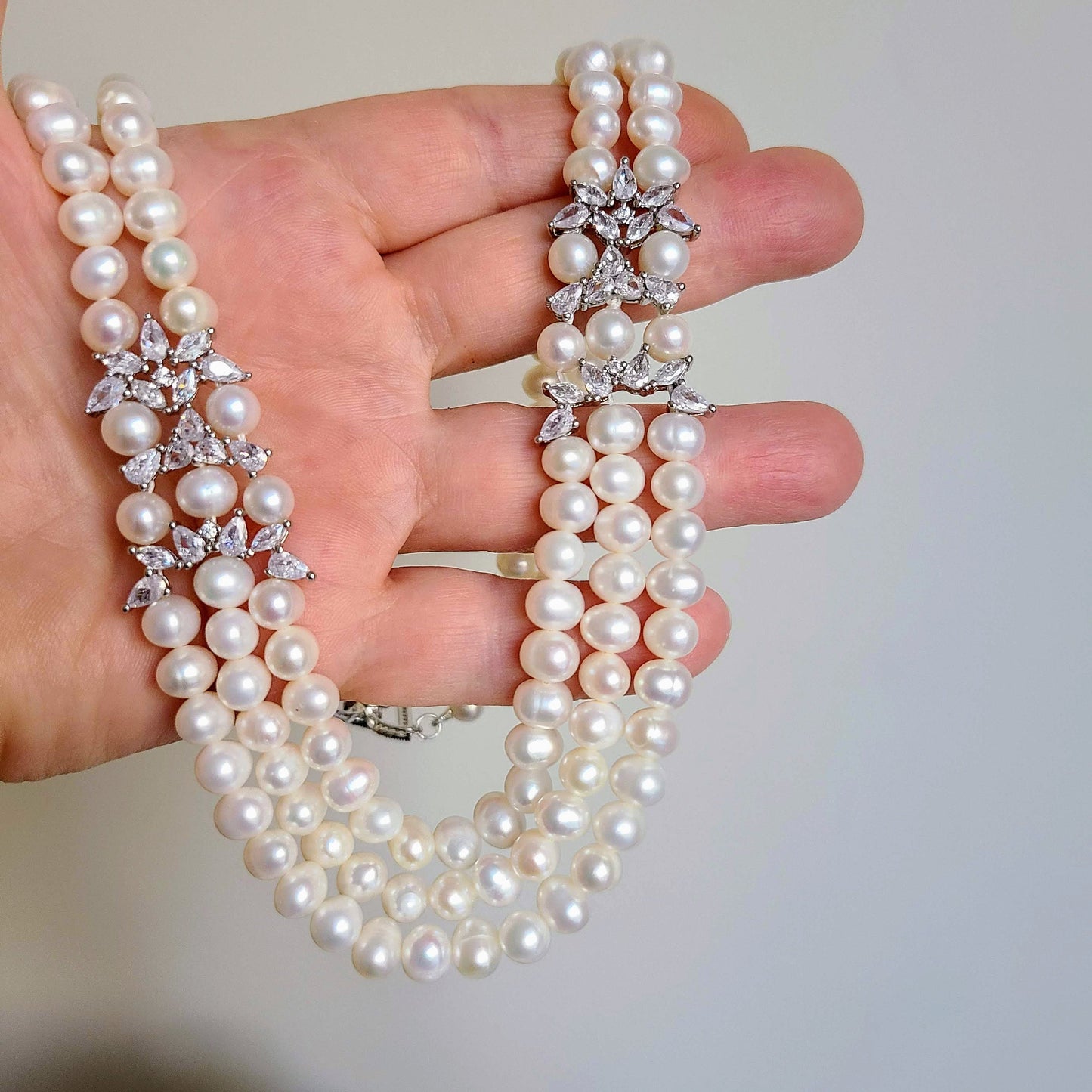 Freshwater pearl necklace, 3 strand pearl necklace, white freshwater pearl, mother of bride necklace, pearl and zircon jewelry, 7mm pearl