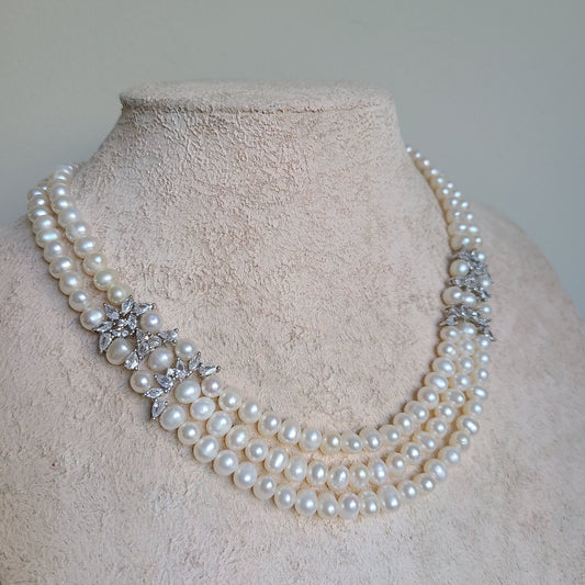 Freshwater pearl necklace, 3 strand pearl necklace, white freshwater pearl, mother of bride necklace, pearl and zircon jewelry, 7mm pearl
