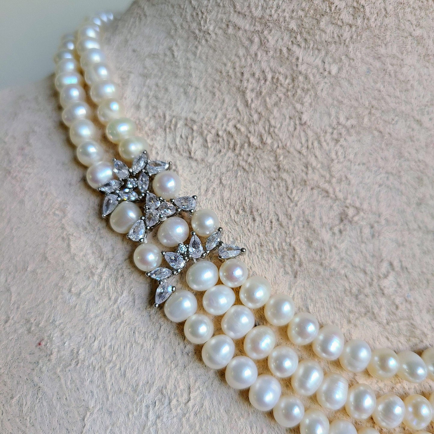 Freshwater pearl necklace, 3 strand pearl necklace, white freshwater pearl, mother of bride necklace, pearl and zircon jewelry, 7mm pearl