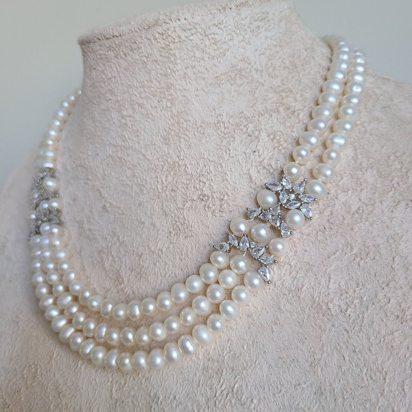 Freshwater pearl necklace, 3 strand pearl necklace, white freshwater pearl, mother of bride necklace, pearl and zircon jewelry, 7mm pearl